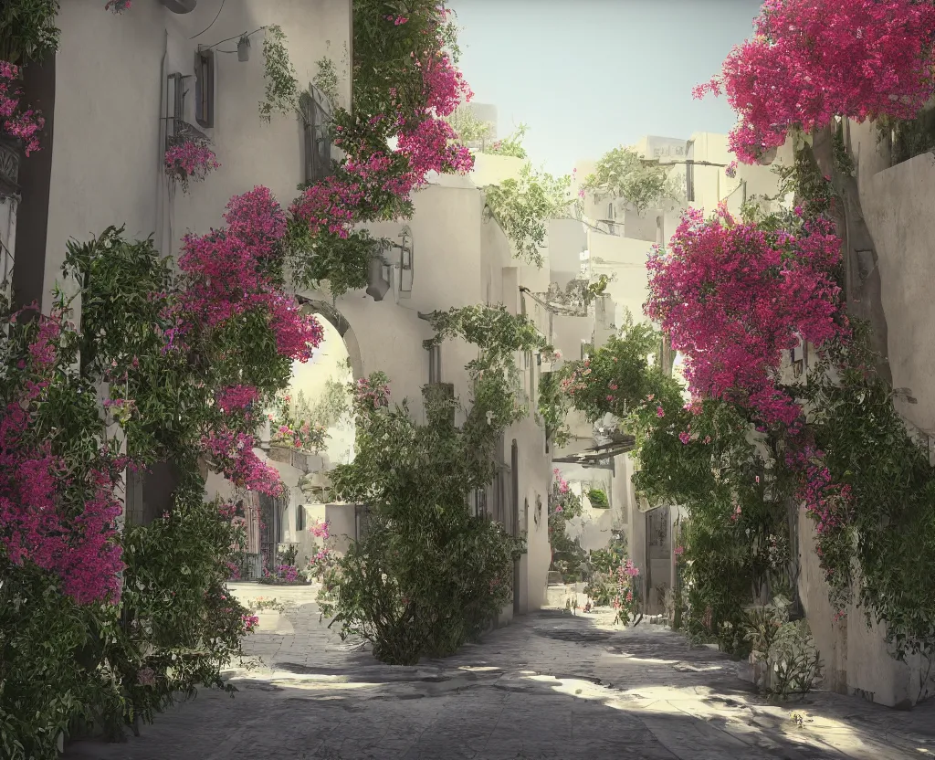 Prompt: a very beautiful scene, ambient occlusion render. small street in tel aviv, sunlight, bougainvillea, hyperrealistic, 4 k. wide angle. wild. deep focus, lovely scene. concept art. unreal engine.