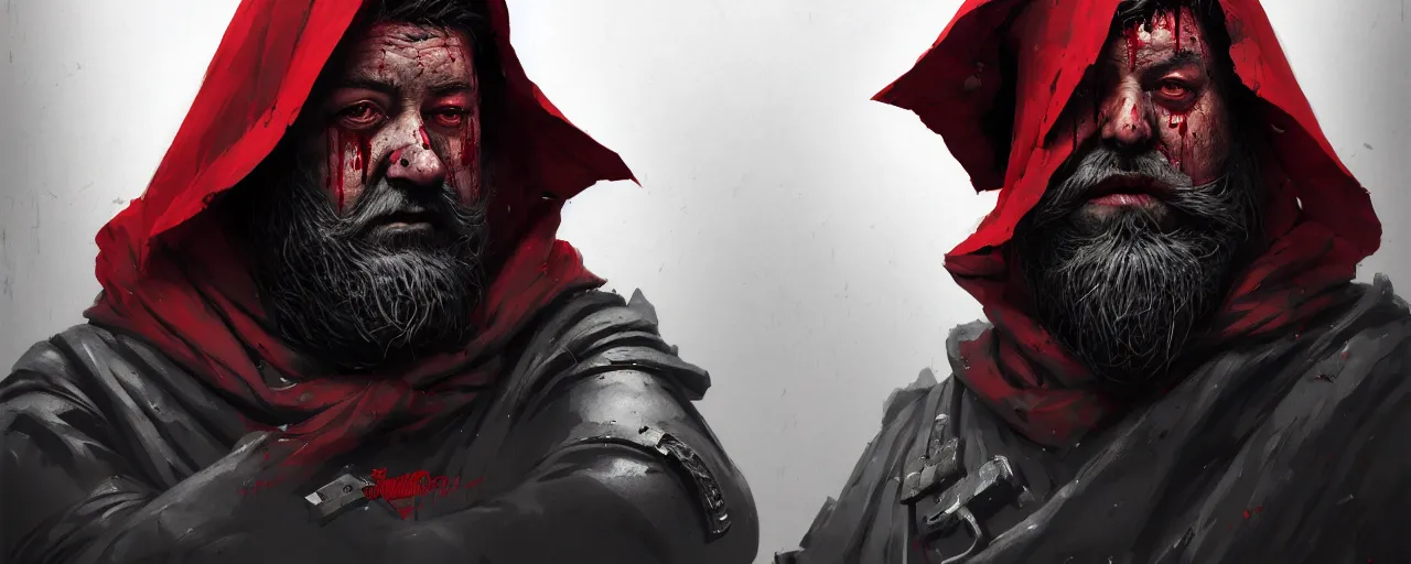 Image similar to duotone crimson comic noir illustration 3 / 4 portrait of bloody baron fat old man with patchy beard in steel armor and crimson cape hood from wicther 3 sitting in a wooden stronghold. by sachin teng and sergey kolesov and ruan jia and heng z. graffiti art, scifi, fantasy, hyper detailed. octane render. concept art. trending on artstation