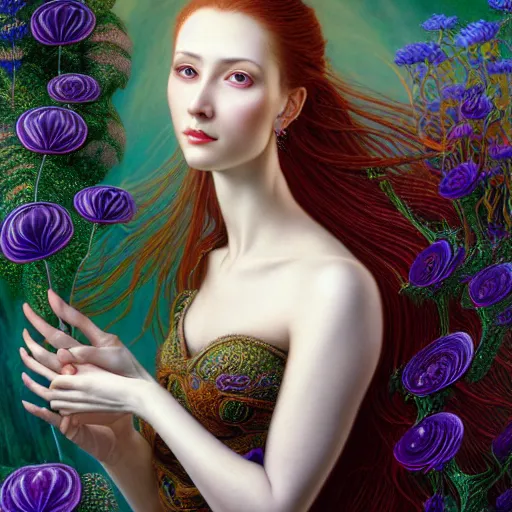 Prompt: portrait of a young attractive woman in flowing sensual dress, arrogant, long fine flowing hair, delicate, looking at camera, slight nerdy awkward smile, realistic face, realistic hands, stylish, elegant, grimdark fantasy, flowers, mysterious, extremely detailed painting inspired by Gerald Brom and Ernst Haeckel and Victor Nizovtsev, studio lighting