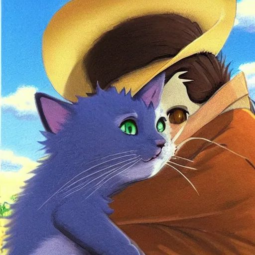 Image similar to art by studio ghibli of a baby kitten wearing a cowboyhat hugging a cat