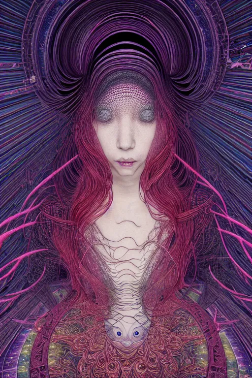 Image similar to realistic detailed image of a woman in a infinite hallway, conjuring psychedelic background, part by takato yamamoto, part by alex gray, ross tran, james jean, ultra realistic, octane render, highly detailed, 8 k, trending on artstation, cosmic, symmetry, masterpiece