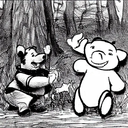 Prompt: winnie the pooh pulls piglet out tigger. a portable x - ray is nearby.