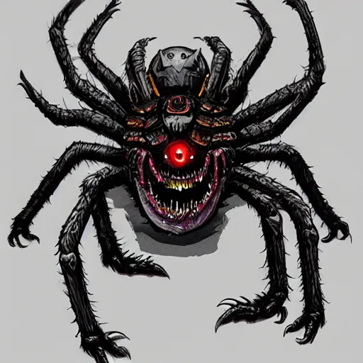 Image similar to d & d monster, huge spider monster with 1 0 0 eyes, each leg covered in mouths, dark fantasy, concept art, character art