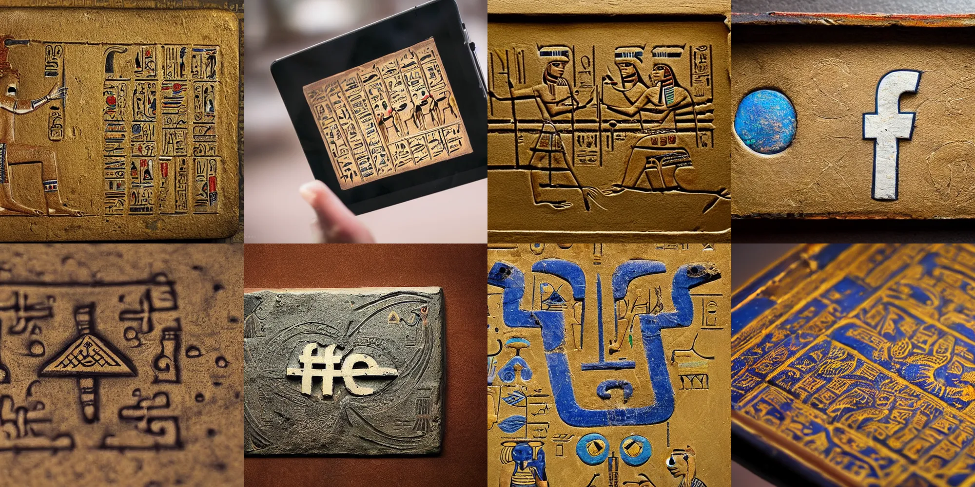 Prompt: a tablet with facebook logo painted carving, ancient egyptian, dusty, old, amulet, intricate hyperdetail macrophoto, natgeo