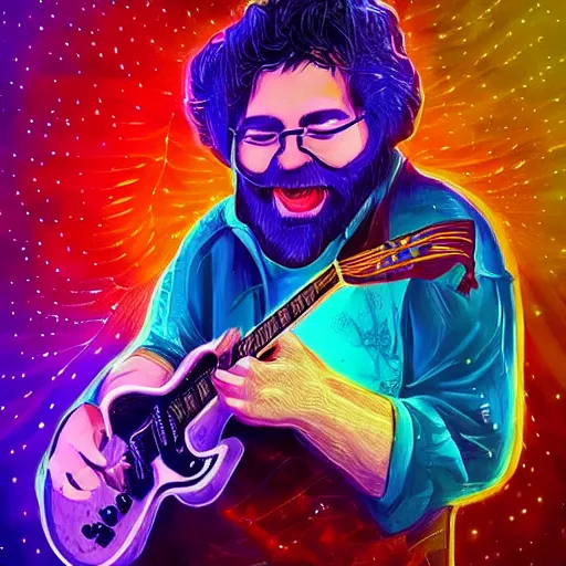 Prompt: a Jerry Garcia guitarist playing so intensely there is electricity shooting out from his guitar, energy beams under his finger tips, and magic sparkles from the freboard, amazing ditial art, trending on artstation, featured on deviantart