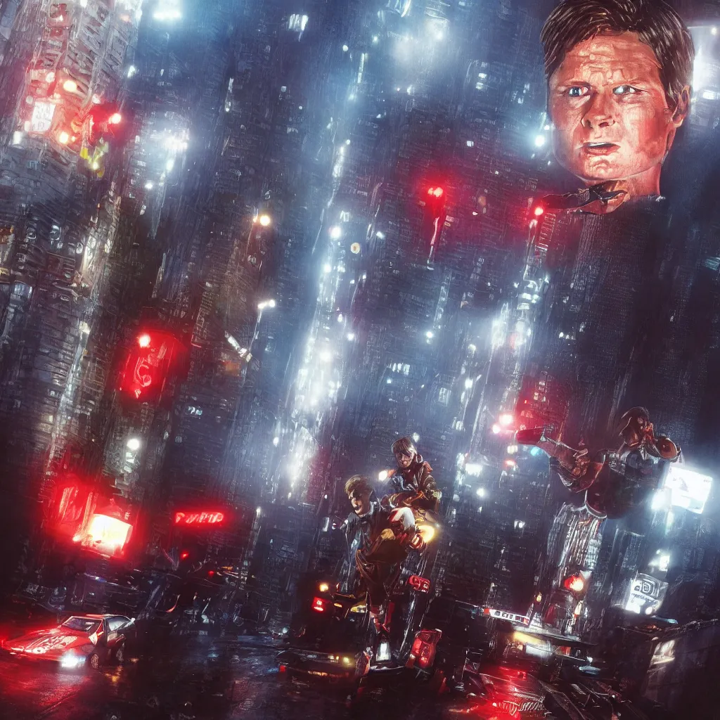 Image similar to marty mcfly and predator in a city blade runner style, photorealistic