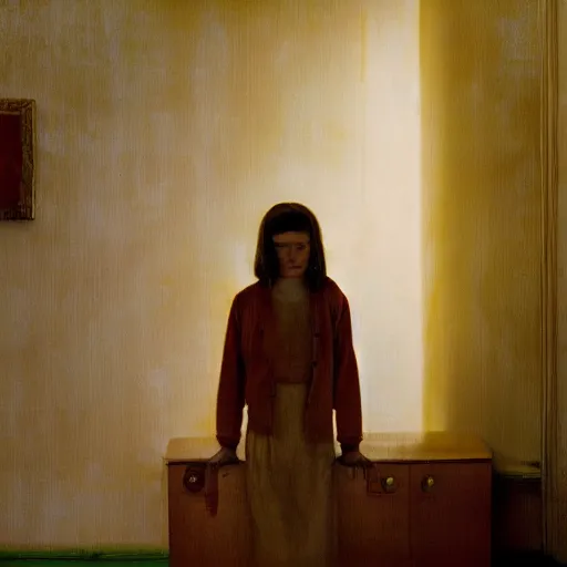 Prompt: an ivory girl in an soviet golden liminal abandoned room, film still by wes anderson, depicted by david lynch, limited color palette, very intricate, art nouveau, highly detailed, lights by hopper, soft pastel colors