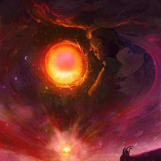 Prompt: a supernova consuming its solar system, realistic, fantasy, digital art, illustration, vibrant watercolor, warm fantasy lighting, wenjun lin, studio ghibli, pixiv, reflections, refractions, film grain