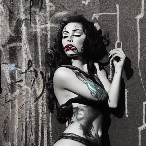 Image similar to rough rugged graffiti of a pinup girl on a black wall