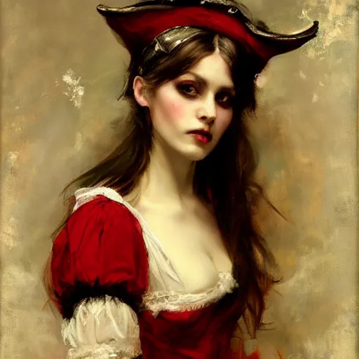 Image similar to Solomon Joseph Solomon and Richard Schmid and Jeremy Lipking victorian genre painting portrait painting of a young beautiful woman punk rock goth girl pirate wench in fantasy costume, red background