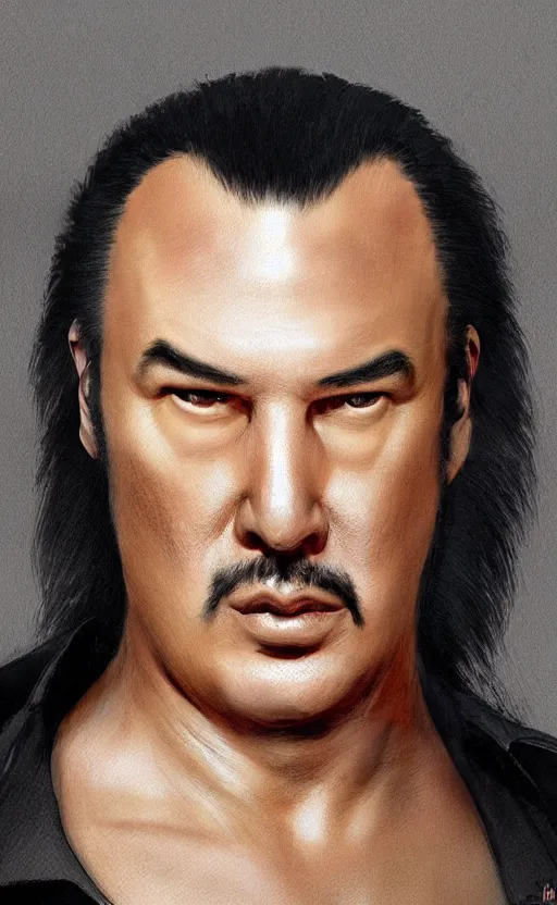 Prompt: steven seagal with wild hair and bright eyes. he's wearing a military outfit and he has a stern, assholish look on his face, dynamic lighting, photorealistic fantasy concept art, trending on art station, stunning visuals, creative, cinematic, ultra detailed