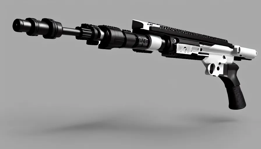 Prompt: extremely detailed ultra realistic photographic side view minimalist coilgun assault rifle, detailed trigger, chemically propelled, battery, smooth streamline, battery and wires, railgun, chemrail, gauss, elegant sleek smooth body, white paint, smooth utopian design, ultra high quality, octane, artstation, destiny, warframe, terminator