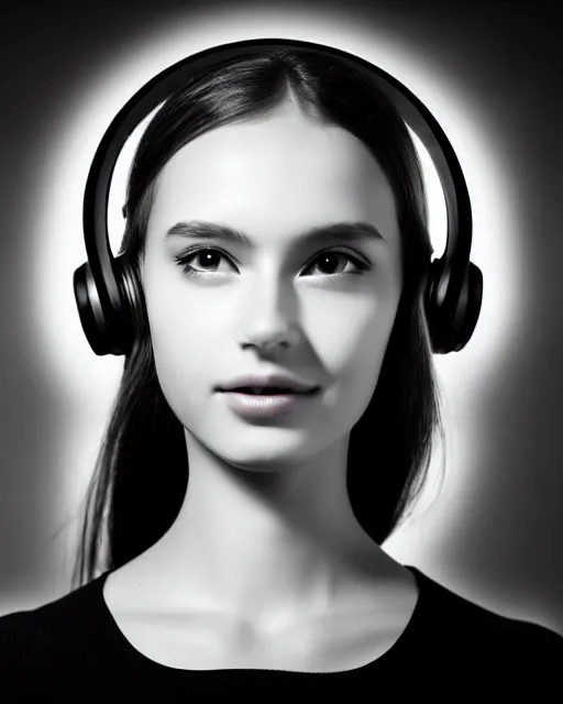 Image similar to black and white dreamy young beautiful female artificial intelligence with a futuristic headset, cinematic, rim light, bokeh, photo - realistic, elegant, high detail, 8 k, masterpiece, photo taken in 1 9 3 0