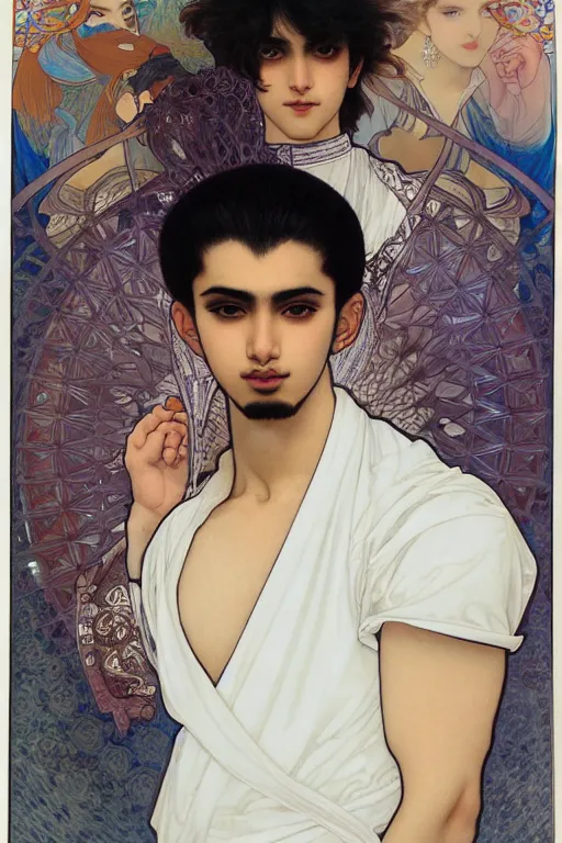 Image similar to beautiful medium shot portrait of a young arabic man inspired by ayami kojima with short hair dressed with a white t - shirt looking into the camera from three - quarters, white background white bank studio light, art by yoshitaka amano, alfons mucha and shingo tamagawa, 8 k