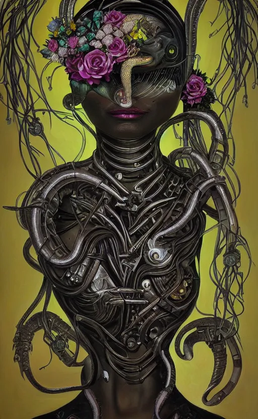 Image similar to beautiful painting of a snake-headed woman surrounded by mechanical flowers in the style of Welder Wings and H. R. Giger. Dark background, detailed, trending on Artstation