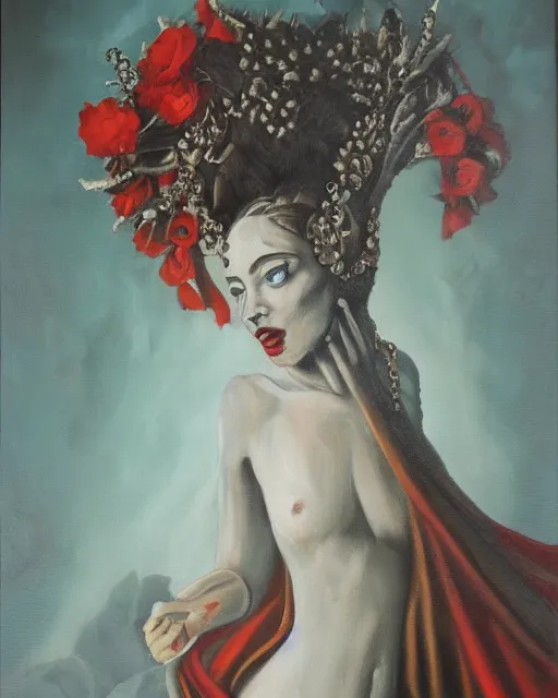 Image similar to Persephone, queen of the underworld, oil on canvas