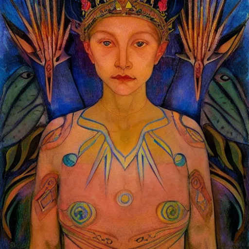 Image similar to the dawn crown, by Annie Swynnerton and Nicholas Roerich and Diego Rivera, bioluminescent skin, feather tattoos, elaborate costume, geometric ornament, symbolist, soft colors, smooth, sharp focus, extremely detailed