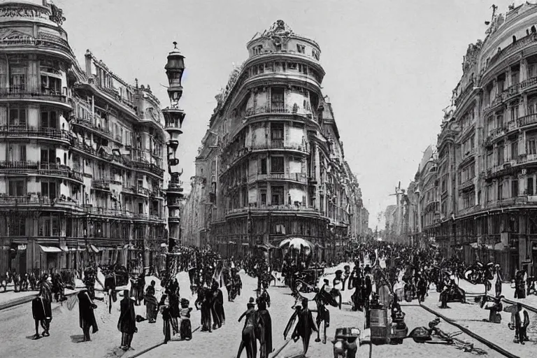 Prompt: The Madrid Gran Vía, steampunk, Victorian era style, 1890 photo, retro futuristic, highly detailed, hyper realistic