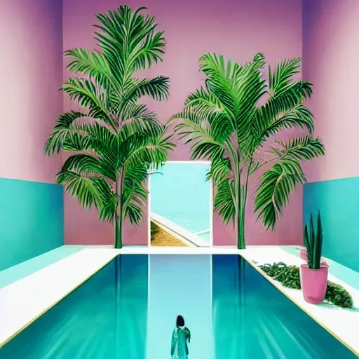 Prompt: miami vice, indoor liminal space, golden light, greg rutkowski, palm trees, pink door, minimalistic, hyperrealistic surrealism, award winning masterpiece with incredible details, epic stunning, infinity pool mirrors, a surreal vaporwave liminal space with mirrors, highly detailed, trending on artstation, artgerm and greg rutkowski and alphonse mucha, daily deviation