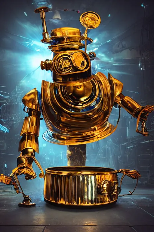 Prompt: portrait photo of a giant golden and blue metal steampunk robot wearing a big chef hat, with steaming pots and pans and tubes and a futuristic barbeque grill, eyes are green lights, shiny crisp finish, 3 d render, 8 k, insaneley detailed, fluorescent colors, background is multicolored lasershow