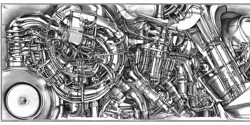 Image similar to f1 engine cutaway scientific illustration by Ernst Haekel highly detailed by jean giraud moebius engineering black and white chrome