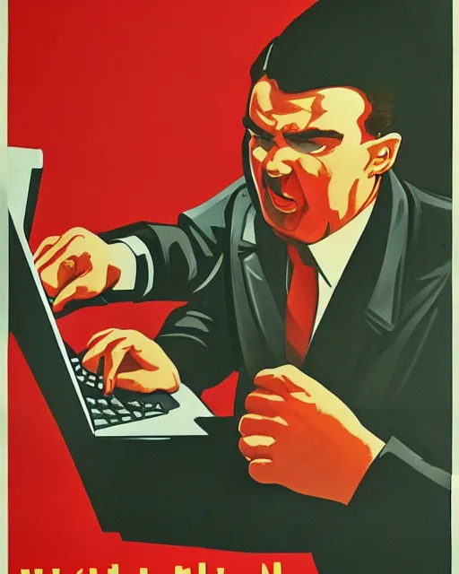 Image similar to soviet propaganda poster of an angry communist developer yelling at his computer