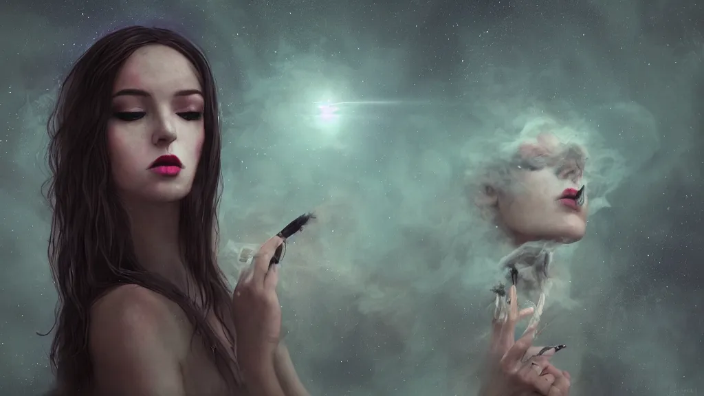 Image similar to whimsical, a beautiful playful woman, wearing professional makeup, standing in a lake, blowing trippy smoke, under the stars, with a binary black hole with a ring in the sky, by Lois van Baarle, by Greg Rutkowski, by Ilya Kuvsninov, cinematic angle, face enhance, volumetric lighting, cinematic lighting, digital art, 4k resolution, octane render, trending on artstation, masterpiece