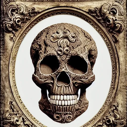 Prompt: a beautiful portrait of a ornate and intricate rococo skull