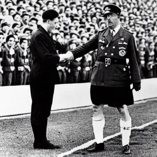 Image similar to modern press photograph of robert lewandowski shaking hands with adolf hitler during a football match