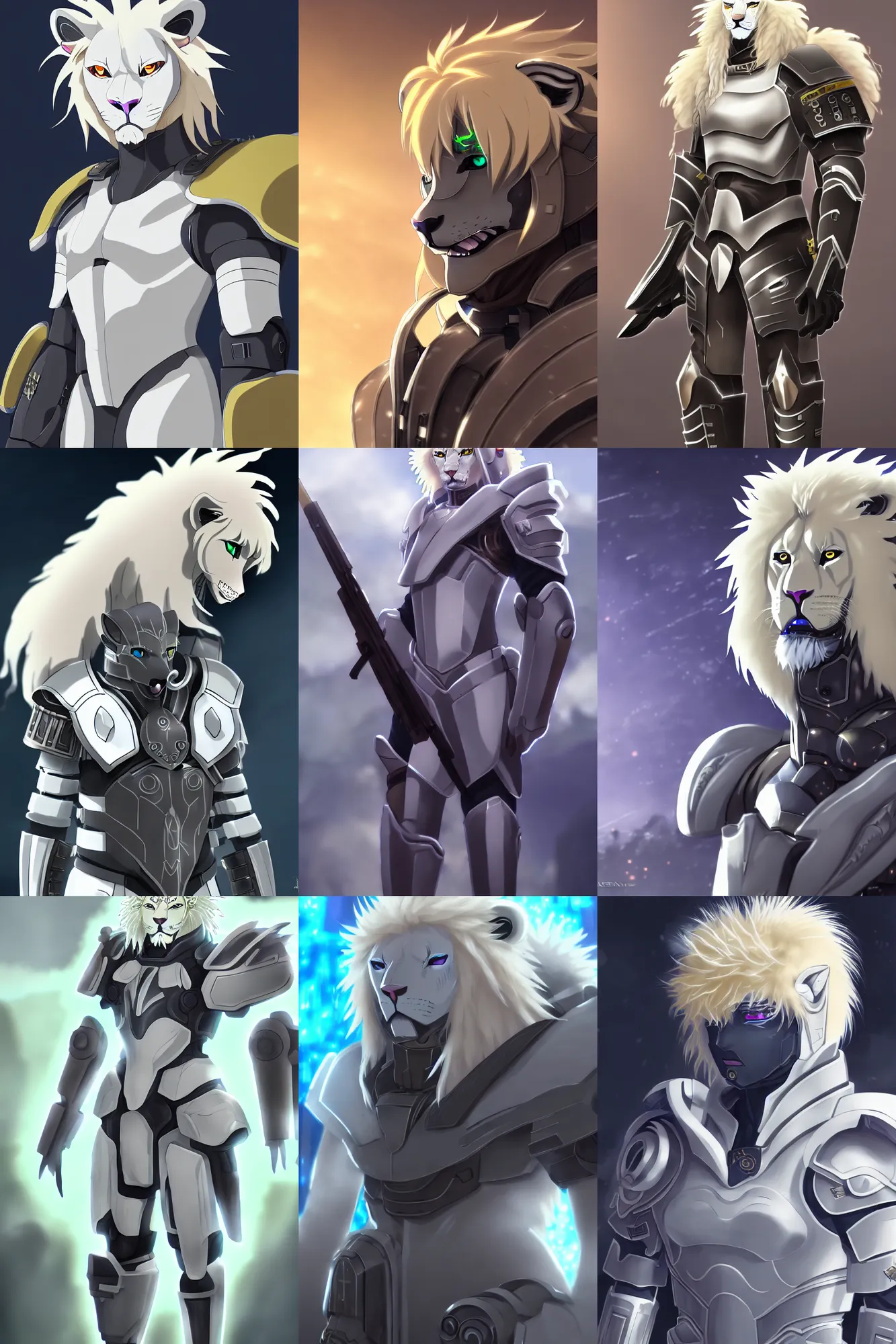 Prompt: albino lion army general with neon cybertech roman armor, fursona, anthro, anime key visual, detailed armor, makoto shinkai, portrait