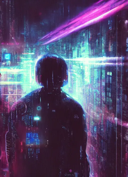 Prompt: one cyber godly person made of cosmic nebula galaxy energy watching a rainy colorful dark complex cyberpunk futuristic city from behind at night through a window in a room, reflections, high contrast, 8 k, photorealistic, concept art, wet, highly detailed, cinematic mood by ridley scott, ghost in the shell, trending on artstation, glowing lights, sharp focus, epic