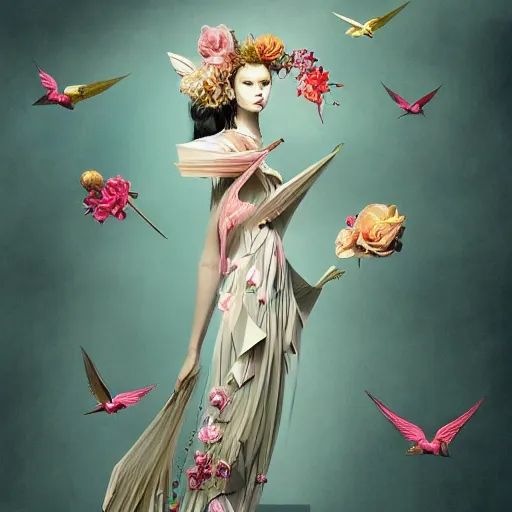 Image similar to 3 / 4 view of a beautiful girl wearing an origami dress, eye - level medium shot, fine floral ornaments in cloth and hair, hummingbirds, elegant, by eiko ishioka, givenchy, albrecht durer, by peter mohrbacher, centered, fresh colors, origami, fashion, detailed illustration, vogue, japanese, reallusion character creator