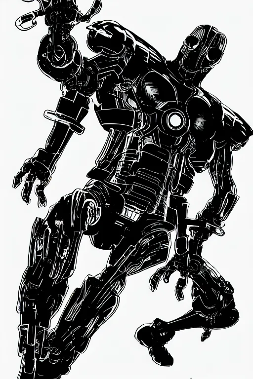 Image similar to ultron, a page from cyberpunk 2 0 2 0, style of paolo parente, style of mike jackson, 1 9 9 0 s comic book style, white background, ink drawing, black and white