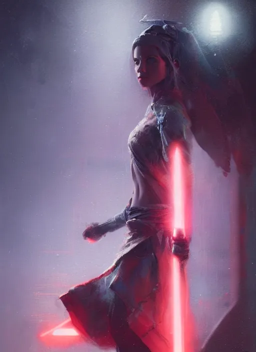 Image similar to female jedi, beautiful face, neon, rule of thirds, intricate outfit, spotlight, by greg rutkowski, by jeremy mann, digital painting