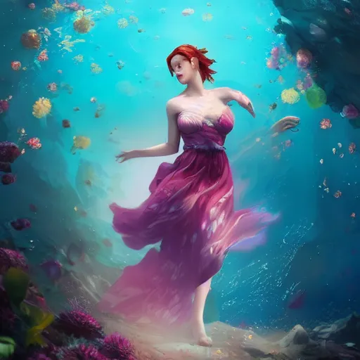 Image similar to Triss Merigold in a swirling sundress of flowers, underwater, floral explosion, radiant light, vortex of plum petals, by WLOP, Beeple and artgerm, artstation, deviantart