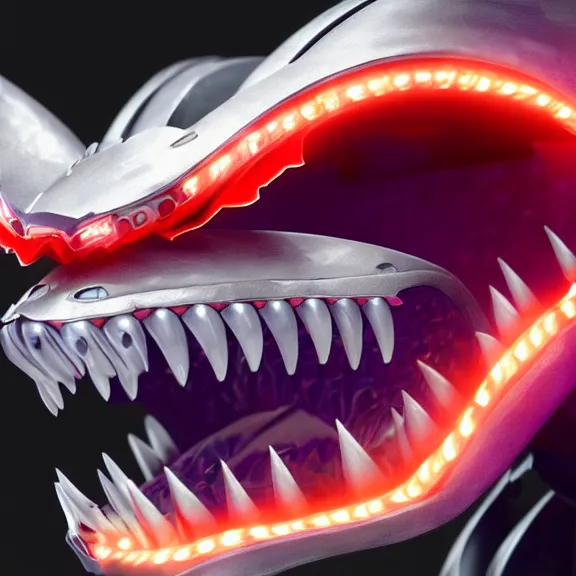 Image similar to close up mawshot of a cute elegant beautiful stunning hot anthropomorphic female robot dragon, with sleek silver metal armor, glowing OLED visor, facing the camera, the open maw being highly detailed living and sharp, with a gullet at the end, you looking into the maw, food pov, micro pov, vore art, digital art, pov furry art, anthro art, furry, warframe art, high quality, 3D realistic, dragon mawshot, maw art, macro art, micro art, dragon art, Furaffinity, Deviantart, Eka's Portal, G6