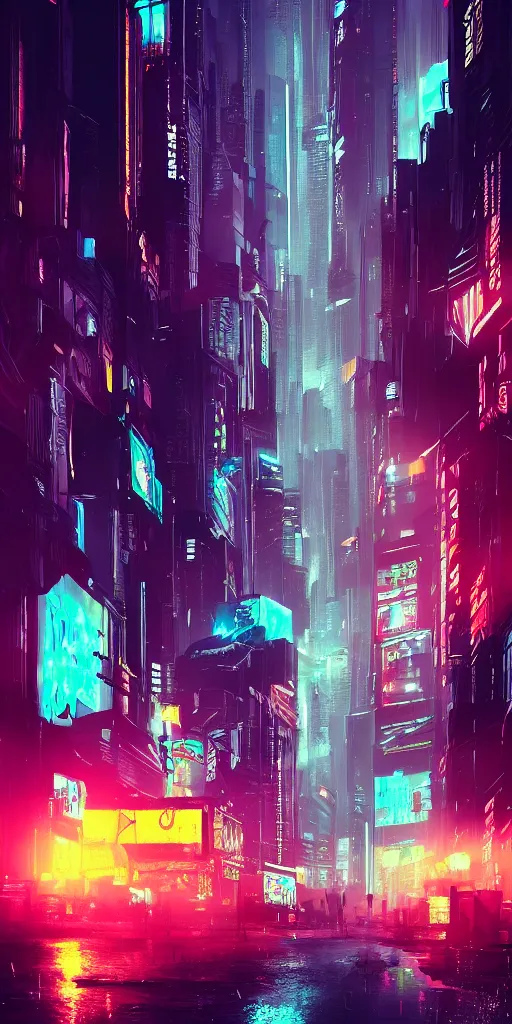 Prompt: Cyberpunk city, night, neon signs, rain, silhouettes, trending on ArtStation