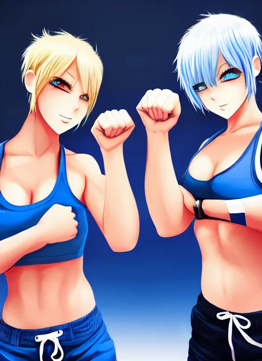 Image similar to two beautiful identical female fighters with short hair facing each other in gym, blue shorts, dim lighting, gorgeous features, high resolution, detailed anime art