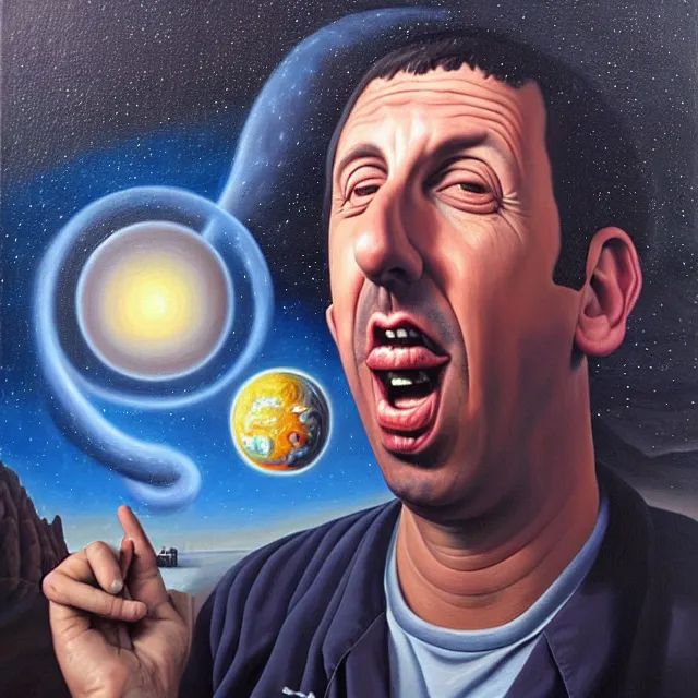 Image similar to an oil on canvas portrait painting of adam sandler, surrealism, surrealist, cosmic horror, rob gonsalves, high detail