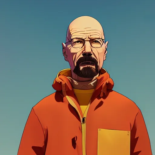 Image similar to portrait of Walter White, farm field background, rich vivid colors, ambient lighting, dynamic lighting, 4k, HQ, official media, anime key visual, makoto shinkai, ilya kuvshinov, lois van baarle, rossdraws, detailed, trending on artstation