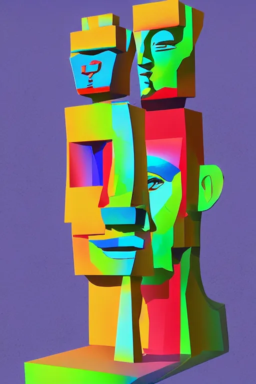 Image similar to cubist moai statue cutout digital illustration cartoon colorful beeple