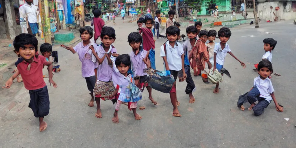 Image similar to sri lankan kids in colombo sri lanka city, drawn by hayao miyazaki