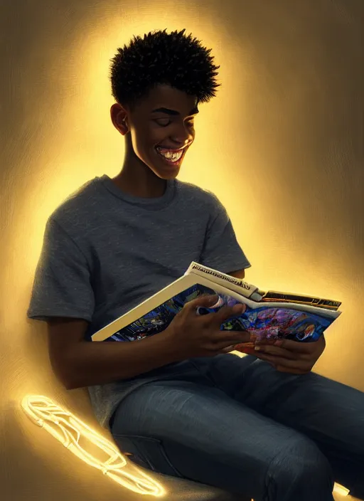 Image similar to portrait of teenage chuck clayton, black teenage boy, short curly hair, short hair square jaw, slight excited smile, reading a comic book, intricate, elegant, glowing lights, highly detailed, digital painting, artstation, concept art, smooth, sharp focus, illustration, art by wlop, mars ravelo and greg rutkowski