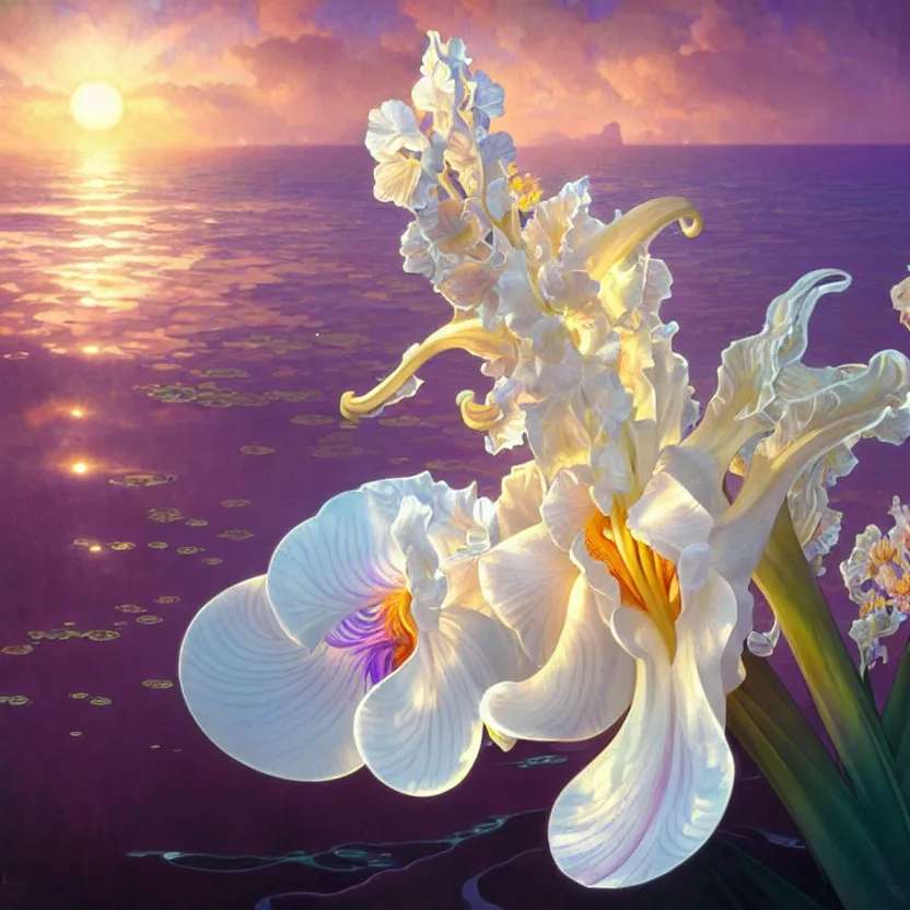 Image similar to detailed giant white holographic orchid iris hybrid flower surrounded by ocean waves, lsd water, lsd ripples, droplets, backlit, sunset, refracted lighting, art by collier, albert aublet, krenz cushart, artem demura, alphonse mucha