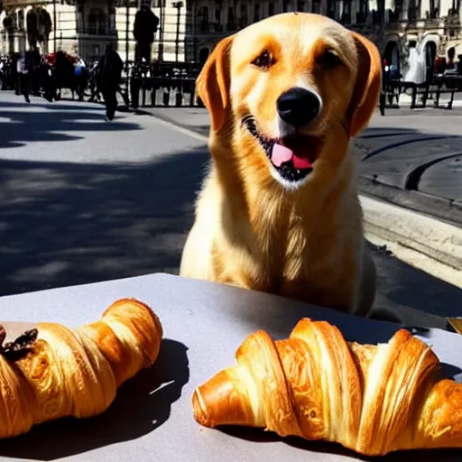 Image similar to dog eating croissants in paris, photo
