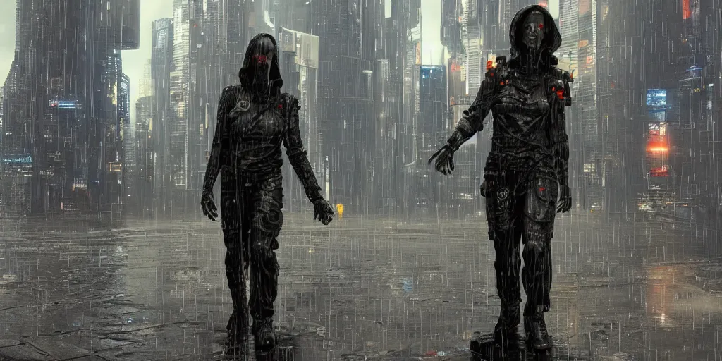 Prompt: cyberpunk statue, rain, space