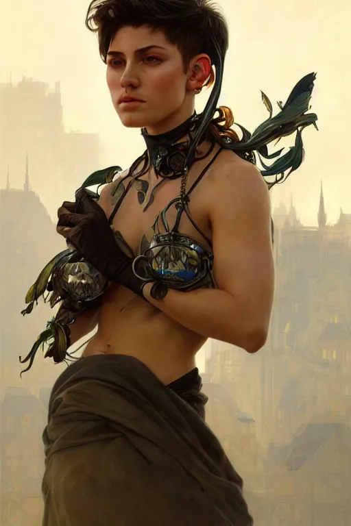 Image similar to photorealistic portrait of a young butch solarpunk woman, handsome, female, masculine, upper body, fantasy, fierce, sharp features, intricate, elegant, highly detailed, digital painting, artstation, concept art, matte, sharp focus, illustration, art by artgerm and greg rutkowski and alphonse mucha