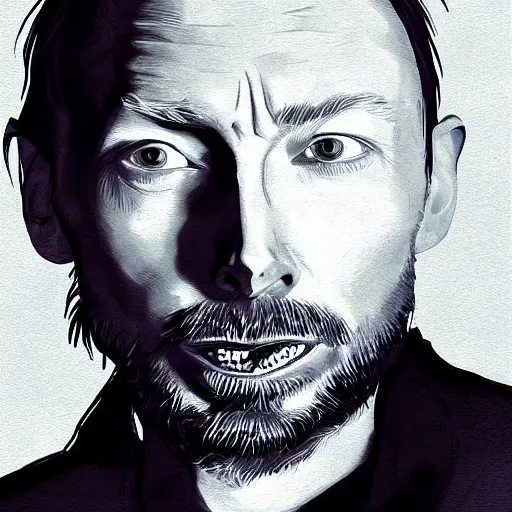 Prompt: thom yorke eating at mcdonalds, portrait, highly detailed, deep focus, elegant, digital painting, smooth, sharp focus, illustration, ultra realistic