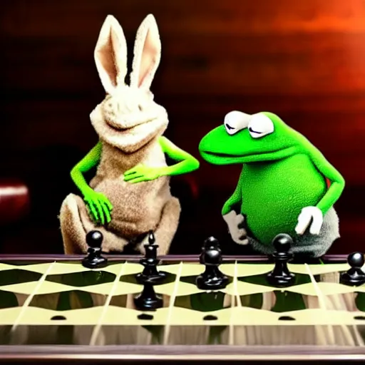 Prompt: Big Chungus and Kermit playing chess.