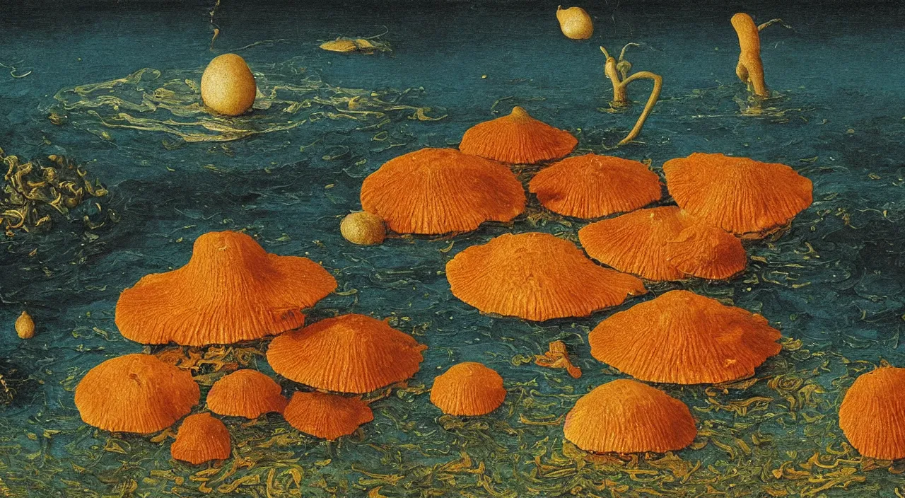 Image similar to a single fungus growing in water! in the middle of the empty ocean, a high contrast!! ultradetailed photorealistic painting by jan van eyck, audubon, rene magritte, agnes pelton, max ernst, walton ford, andreas achenbach, ernst haeckel, hard lighting, masterpiece